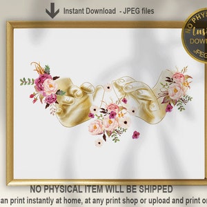 Puede incluir: Impresión de arte digital imprimible con dos manos doradas entrelazadas con flores de acuarela rosa y burdeos. El texto "Descarga instantánea - Archivos JPEG" está en la parte superior de la imagen. El texto "NO SE ENVIARÁ NINGÚN ARTÍCULO FÍSICO" está en la parte inferior de la imagen.