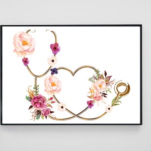 May include: A gold stethoscope with a heart shape formed by the tubing, decorated with pink, white, and purple watercolor flowers.