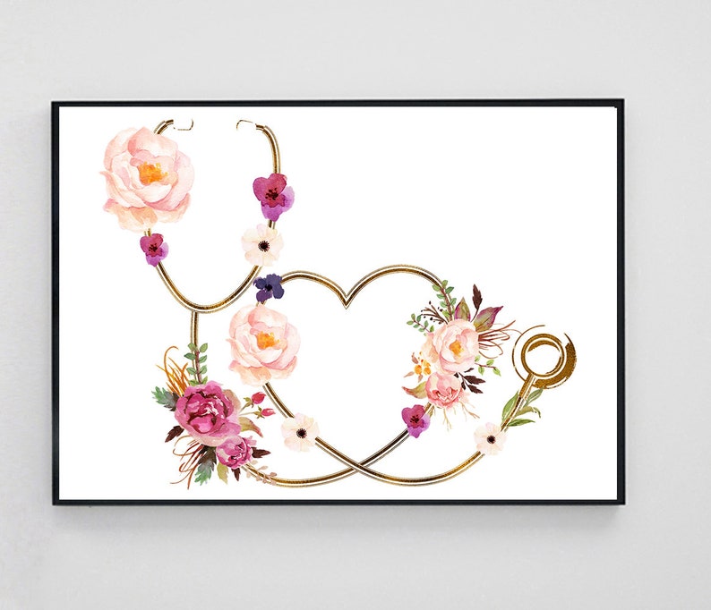 May include: A gold stethoscope with a heart shape formed by the tubing, decorated with pink, white, and purple watercolor flowers.