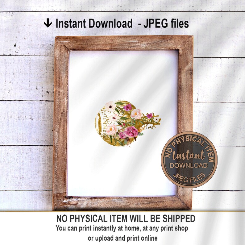 May include: A digital printable art print featuring a watercolor illustration of a human eye with floral details. The eye is surrounded by pink and white flowers, gold leaves, and a gold background. The text "No Physical Item" is visible in a circle with a gold border.