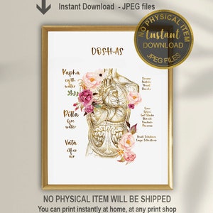 Doshas Ayurveda Poster, Ayurveda Printable, Ayurveda Art Print, Doshas and Human Organs, Ayurvedic Medicine Decor,  Holistic Health Center