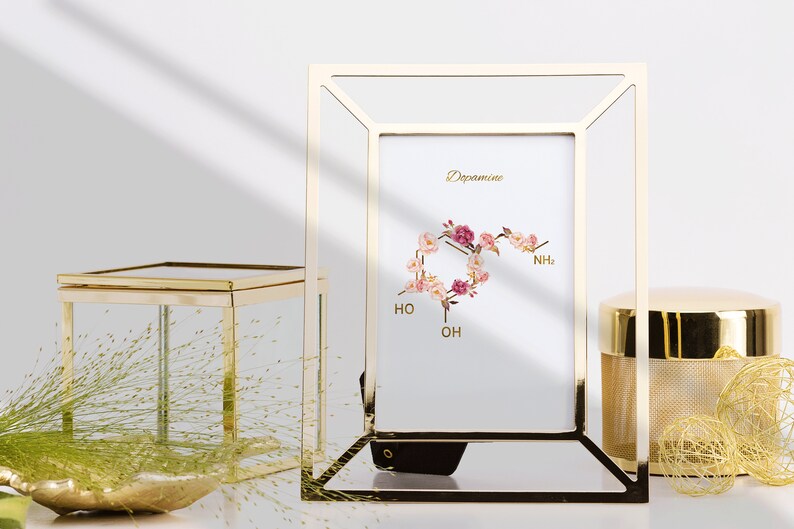 Pode incluir: Uma moldura dourada com fundo branco e uma ilustra&ccedil;&atilde;o floral da estrutura qu&iacute;mica da dopamina. O texto "Dopamine" est&aacute; escrito no topo da imagem.