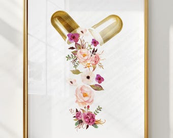 Pharmacy Wall Art Printable, Pharmacist Gift, Capsule Floral Art, Pharmacy Decor, Pharmaceutical Office Decor, Pharmacist Graduation Gift