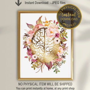 Impresión anatómica del cerebro, decoración de la oficina del terapeuta, cartel del cerebro floral, decoración de la oficina de la terapia, regalo del psicólogo, regalo del neurólogo, escuela de medicina
