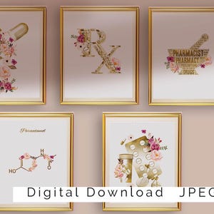 Pharmacy Wall Art Set, Floral Rx Symbol Prints, Pharmacist Office Decor, Medical Pharmacy Posters, Digital Download