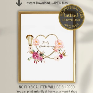 Könnte beinhalten: Druckbarer digitaler Download eines goldenen Herzens mit den Worten "Body Contouring" im Herzen. Das Herz ist von rosa und weißen Blumen umgeben. Der Text "Kein physischer Artikel wird versandt" befindet sich am unteren Rand des Bildes.