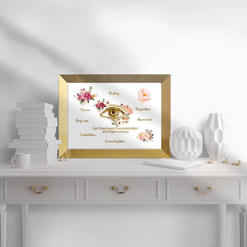 May include: A gold framed print with a watercolor illustration of an eye surrounded by pink and purple flowers. The text "Eye Movement Desensitization and Reprocessing" is below the eye. The print is on a white surface with a white dresser and two white vases.