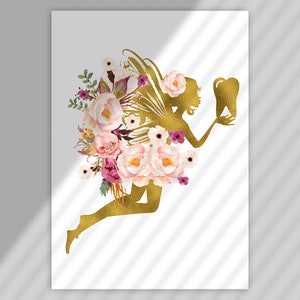 May include: A gold silhouette of a fairy with wings and a tooth in her hand. The fairy is surrounded by pink and white watercolor flowers.
