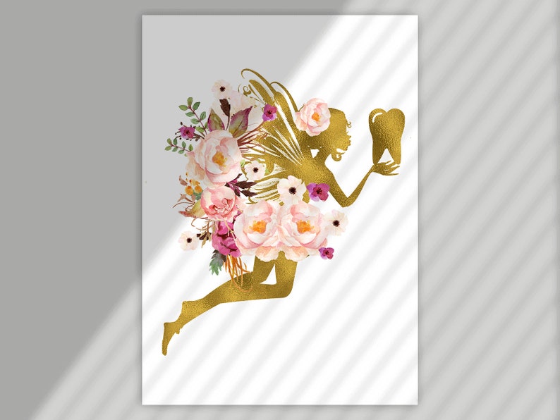 May include: A gold silhouette of a fairy with wings and a tooth in her hand. The fairy is surrounded by pink and white watercolor flowers.