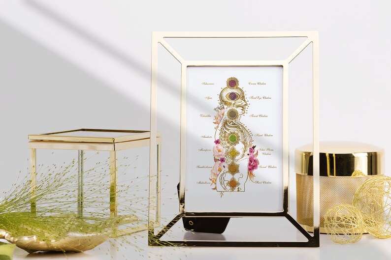 Modern spiritual printable wall art featuring 7 chakra symbols and healing energ