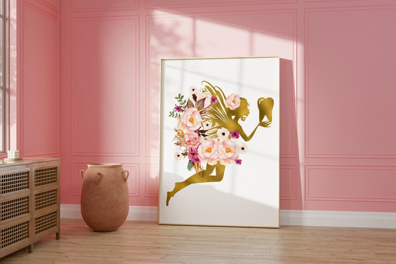 May include: A gold silhouette of a fairy with wings holding a tooth, surrounded by pink and purple watercolor flowers on a white background.