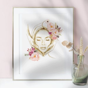 May include: A watercolor illustration of a woman's face with closed eyes, surrounded by pink and white flowers. The woman's face is outlined in gold, and her hands are gently cupping her face.
