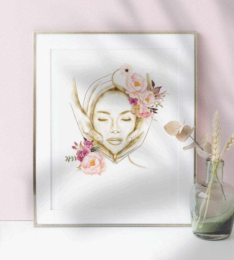 May include: A watercolor illustration of a woman's face with closed eyes, surrounded by pink and white flowers. The woman's face is outlined in gold, and her hands are gently cupping her face.