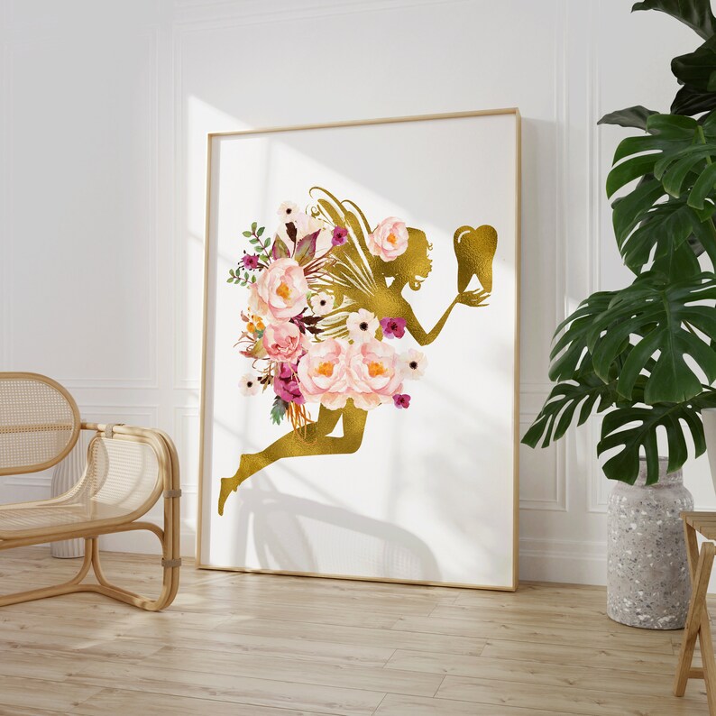 May include: A gold silhouette of a fairy holding a tooth, surrounded by pink and purple watercolor flowers. The fairy is flying with wings and a floral crown.