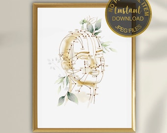 Acupuncture Points On Face, Acupuncture Chart, Chinese Medicine Art, Acupuncture Meridians, Acupunture Gift, Printable Art Acupuncture Decor