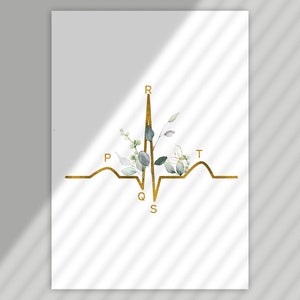 May include: A gold EKG heart rate line with green and white floral accents. The letters P, Q, R, S, and T are labeled on the line.