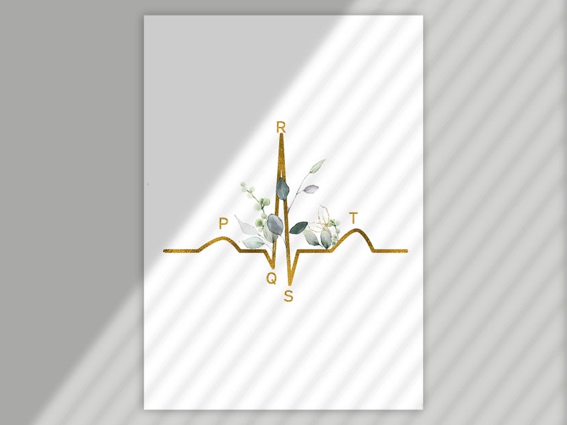 May include: A gold EKG heart rate line with green and white floral accents. The letters P, Q, R, S, and T are labeled on the line.