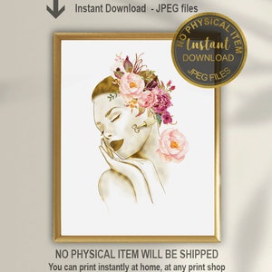 Puede incluir: Una ilustración digital de una mujer con una corona de flores. La mujer tiene los ojos cerrados y se toca la cara con la mano. El fondo es blanco. La imagen está enmarcada en un marco dorado. El texto "Descarga instantánea - Archivos JPEG" está encima de la imagen. El texto "NO SE ENVIARÁ NINGÚN ARTÍCULO FÍSICO" está debajo de la imagen. El texto "Puedes imprimir instantáneamente en casa, en cualquier tienda de impresión o subir y imprimir en línea" está debajo del texto "NO SE ENVIARÁ NINGÚN ARTÍCULO FÍSICO".