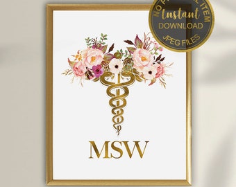 MSW Caduceus Print, Master of Social Work Gift, Social Worker Office Decor, Counselor Gift, MSW Graduation Gift, Mental Health Printable Art