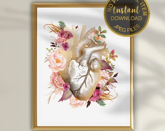 Bloemen anatomische hartkunstprint | Hartanatomieposter voor dokterspraktijkdecoratie | Cardiologie kunst aan de muur | Medisch afdrukbaar