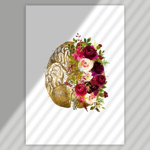 May include: A gold anatomical brain illustration with a floral arrangement of pink, red, and white flowers.