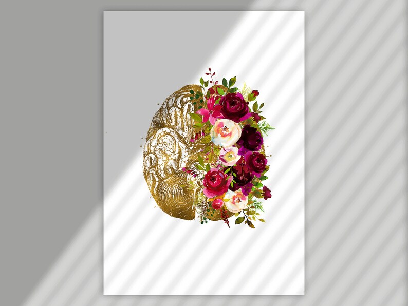 May include: A gold anatomical brain illustration with a floral arrangement of pink, red, and white flowers.