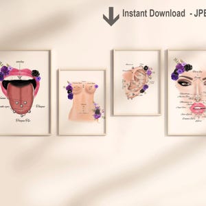 Juego de 4 tablas de perforaciones imprimibles: guía detallada de perforaciones corporales para la decoración de tiendas de tatuajes y un regalo único para artistas de perforaciones corporales.