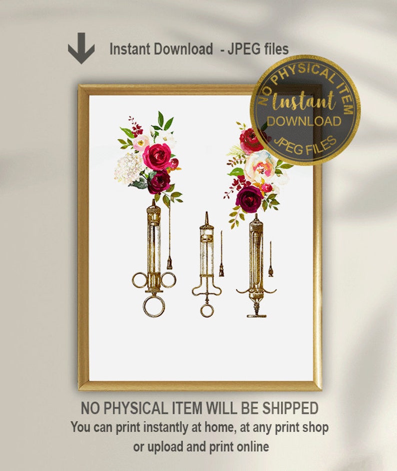 Syringes Wall Art Printable, Floral Medical Art Print, Nurse & Doctor Office Decor, Medical Clinic Wall Art image 1