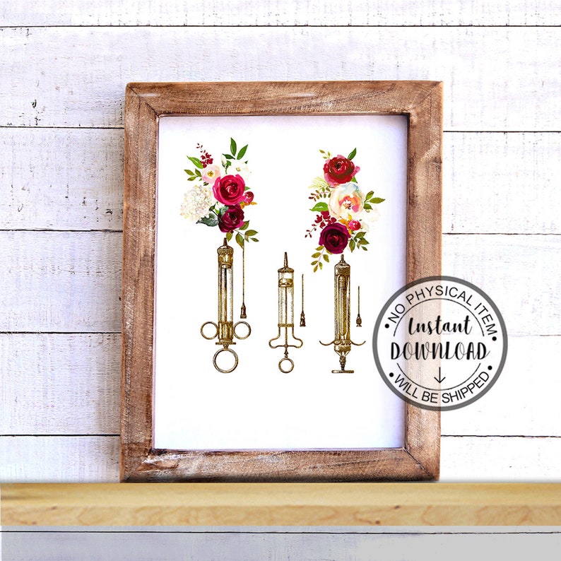 May include: A printable digital download of a vintage medical illustration featuring two antique syringes with floral arrangements in red, white, and green. The text "Instant Download" is in a circle with an arrow pointing down.