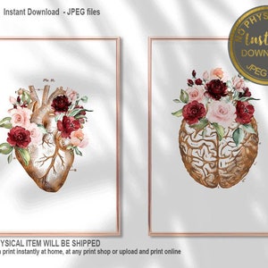 Anatomy Art Set, Flower Anatomy Print, Medical Art Print Set, Heart Art, Brain Art, Doctor Gift, Doctor Office Decor, Anatomy Art Printable