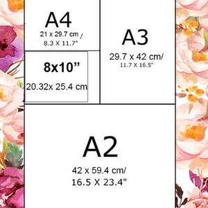 May include: A chart with different paper sizes, including A4, A3, and A2, with their corresponding dimensions in inches and centimeters. The chart is on a white background with a floral pattern.