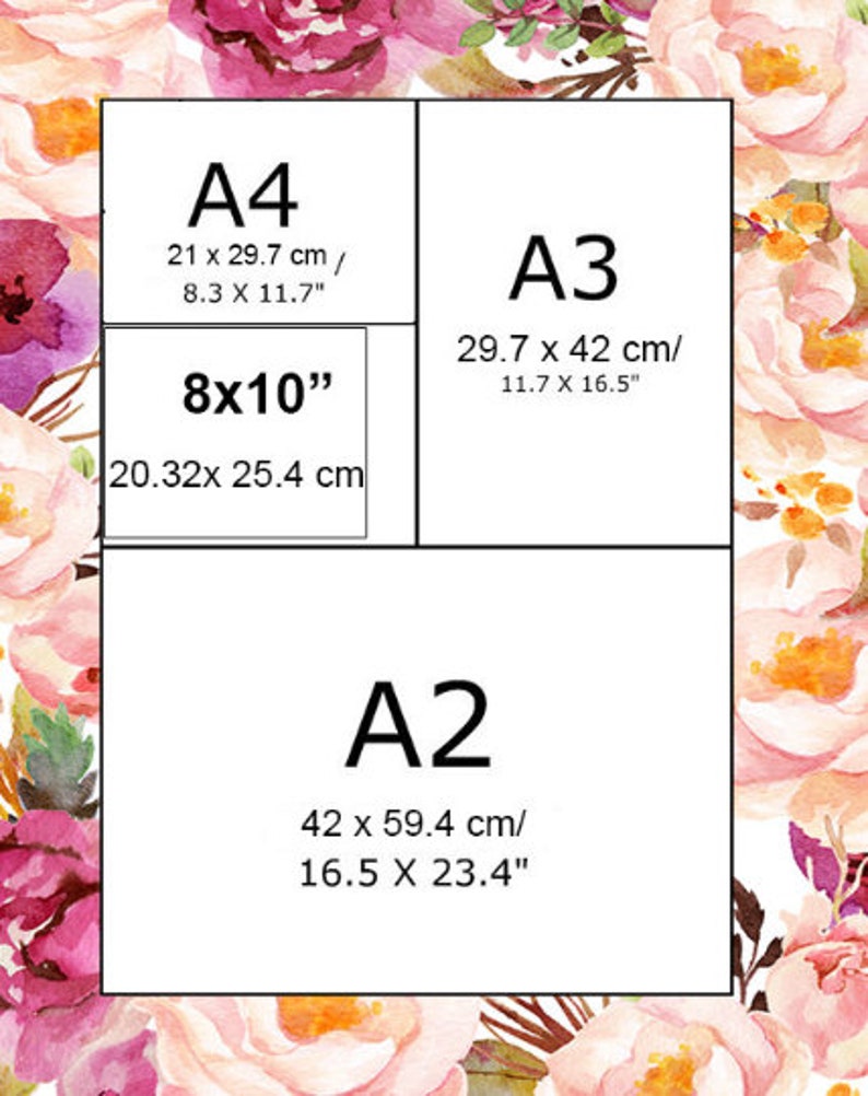 May include: A chart with different paper sizes, including A4, A3, and A2, with their corresponding dimensions in inches and centimeters. The chart is on a white background with a floral pattern.