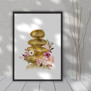 May include: A digital illustration of a stack of golden stones with pink and white flowers. The stones are stacked in a pyramid shape and the flowers are arranged around the base of the stones.