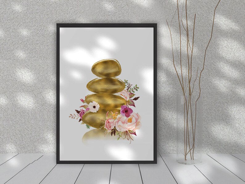 May include: A digital illustration of a stack of golden stones with pink and white flowers. The stones are stacked in a pyramid shape and the flowers are arranged around the base of the stones.
