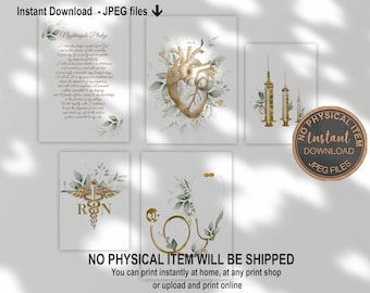 Nurse Wall Art Prints Set, Nightingale Pledge Art, Stethoscope & Medical Symbols, Nurse Office Decor, Nursing Graduation Gift Printable