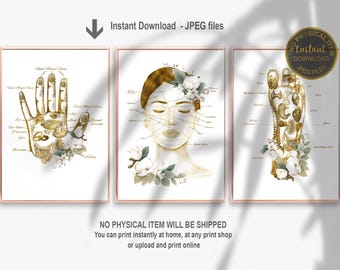 Juego de tablas de reflexología imprimibles: mapa de acupresión para manos, rostro y pies. Descarga digital de sanación holística. Decoración con medicina alternativa.