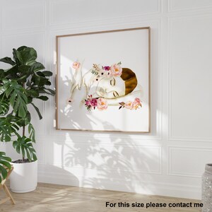 May include: A watercolour painting of a woman with a crown of pink and purple flowers, sleeping on a white background.