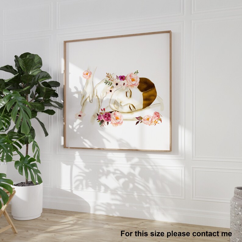 May include: A watercolour painting of a woman with a crown of pink and purple flowers, sleeping on a white background.