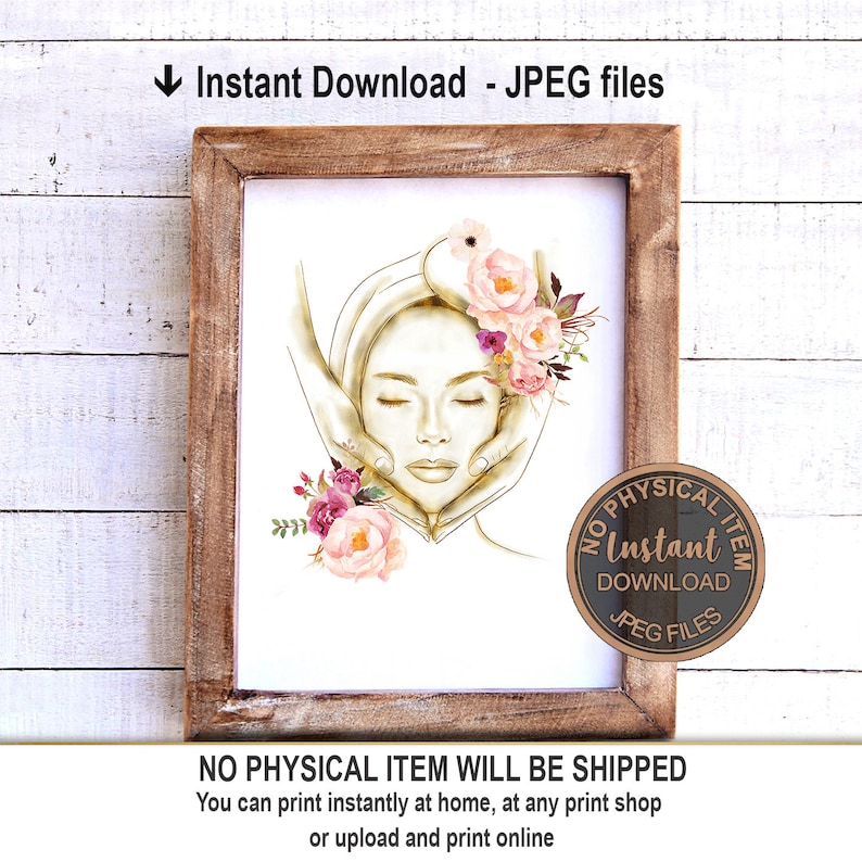 May include: A digital illustration of a woman's face with hands on either side of her face. The woman's face is gold and the hands are white. There are pink and purple flowers on the top of her head. The background is white.