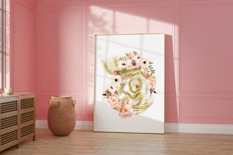 Baby in Womb Anatomy Art Print – Floral Gynecology Wall Art, Fetal ...