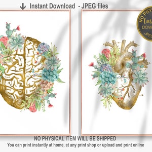 Heart Anatomy, Brain Art, Medical Print Set, Anatomy Printable Art, Doctor Gift, Medical Office Decor, Anatomy Art, Cactus Floral Anatomy
