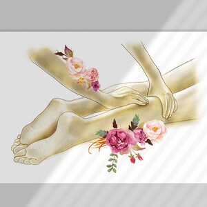 K&ouml;nnte beinhalten: Eine Aquarell-Illustration einer Person, die eine Beinmassage erh&auml;lt. Die Beine der Person sind in Gold dargestellt, und die H&auml;nde des Massagetherapeuten sind sichtbar. Rosa und violette Blumen sind um die Beine herum angeordnet.
