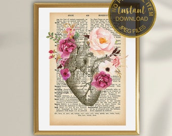 Heart Art Dictionary Print, Heart Anatomy Print, Dictionary Art, Gift For Doctor, Anatomy Print, Human Heart Anatomy Book Page Art Printable