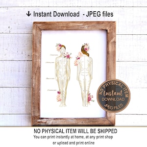 May include: Printable digital download of a line drawing of a human body with labeled points, featuring floral accents in pink and gold. The text "Instant Download JPEG Files" is visible at the top of the image.