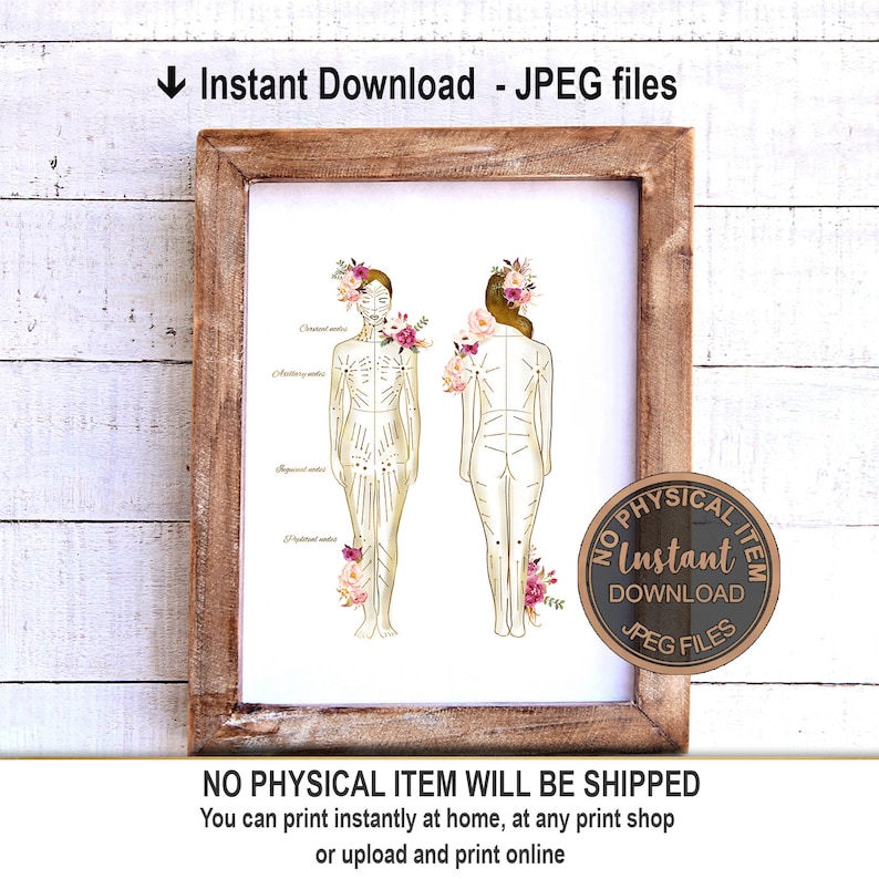 May include: Printable digital download of a line drawing of a human body with labeled points, featuring floral accents in pink and gold. The text "Instant Download JPEG Files" is visible at the top of the image.