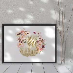 May include: A watercolor painting of two bare feet with pink and white flowers surrounding them.