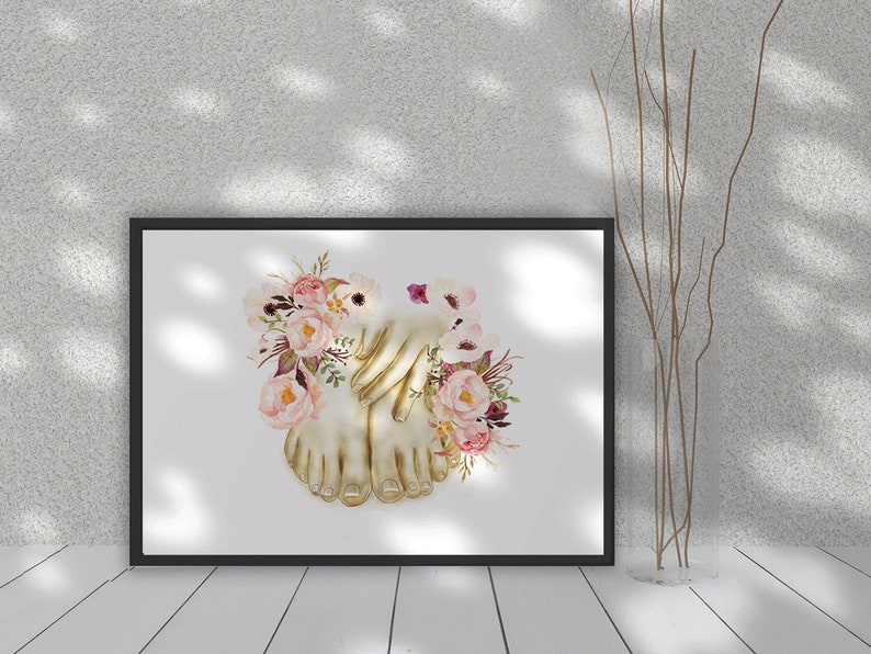 May include: A watercolor painting of two bare feet with pink and white flowers surrounding them.