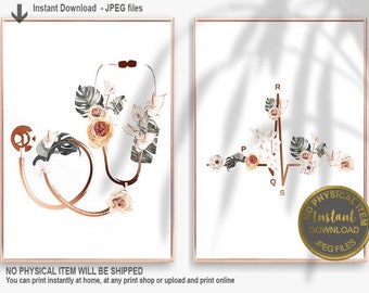 Nurse Graduation Gift Set Printable, Stethoscope & EKG Wall Art, Medical School Gift, RN Office Decor, Digital Download