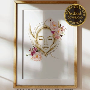 May include: A digital illustration of a woman's face with closed eyes, surrounded by pink and purple flowers. The woman's face is surrounded by two hands, and the image is in a gold and white color scheme. The text "No Physical Item Will Be Shipped" is at the bottom of the image.