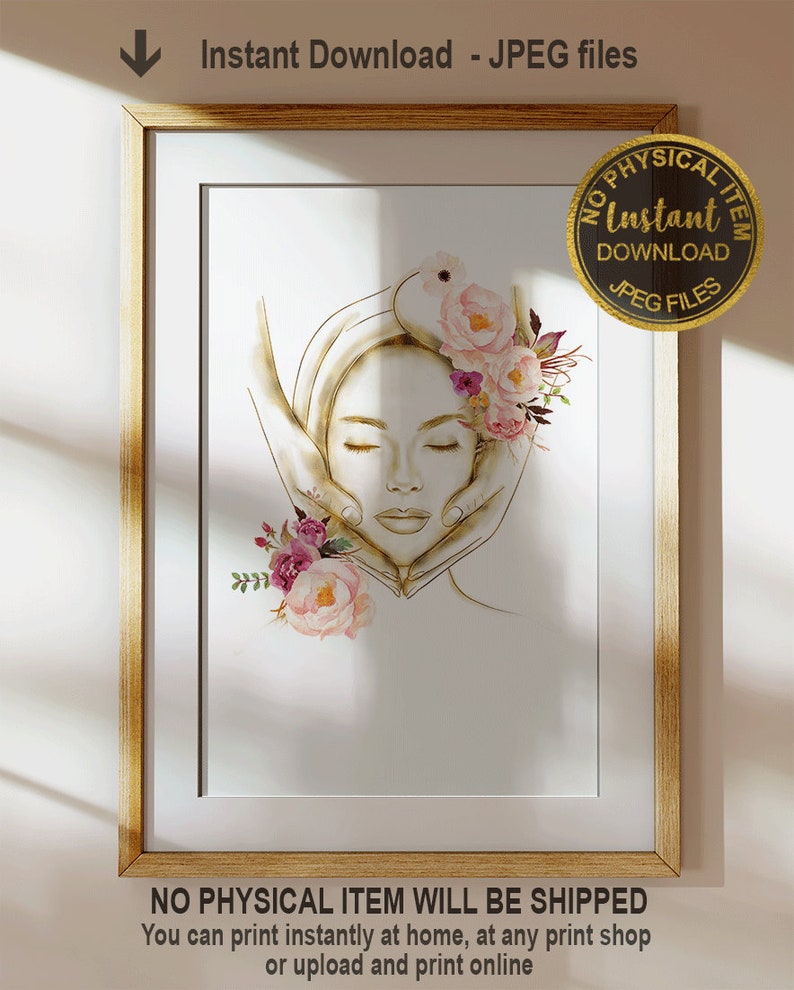 May include: A digital illustration of a woman's face with closed eyes, surrounded by pink and purple flowers. The woman's face is surrounded by two hands, and the image is in a gold and white color scheme. The text "No Physical Item Will Be Shipped" is at the bottom of the image.